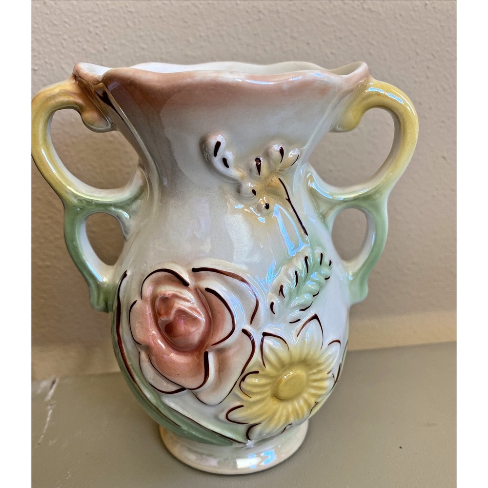 VINTAGE VASE Made in BRAZIL CERAMIC POTTERY LUSTREWARE FLORAL HANDLES 5"